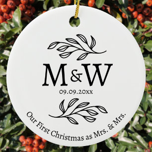 Couple Monogram Wedding First Christmas Mrs & Mrs Ceramic Ornament