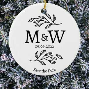 Couple Monogram Wedding Save the Date Botanical Ceramic Ornament