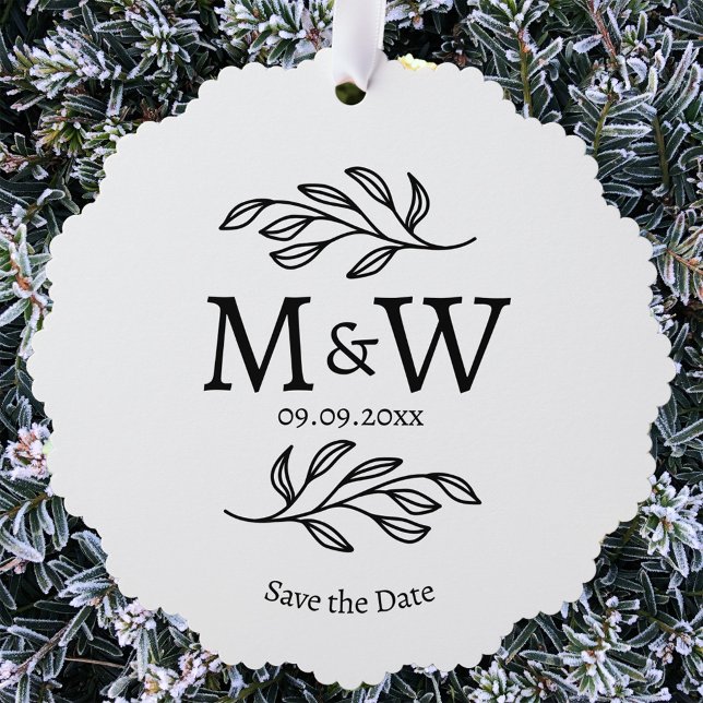 Couple Monogram Wedding Save the Date Botanical Ornament Card (Modern wedding couple monogram botanical leaf design save the date paper ornament card)