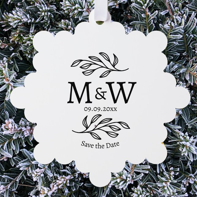 Couple Monogram Wedding Save the Date Botanical Ornament Card (Modern wedding couple monogram initials save the date paper ornament card)