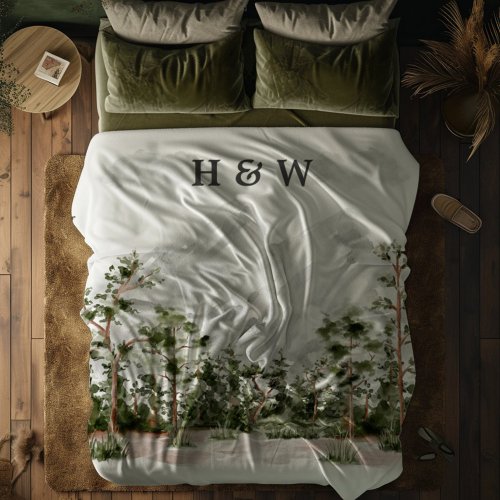 Couple Monogrammed Watercolor Mountain and Forest Fleece Blanket