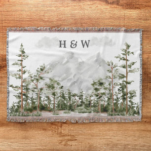 Couple Monogrammed Watercolor Mountain and Forest Throw Blanket