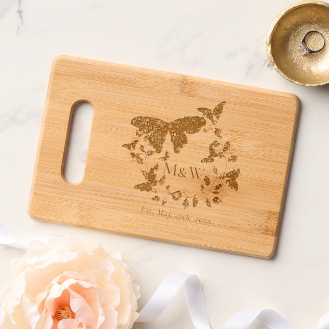 Couple Monograms Butterfly Botanical Wedding Gift Engraved Cutting Board (Wedding)