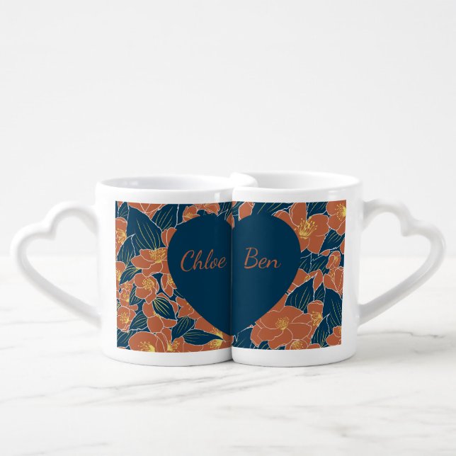 Couple Mugs with Heart Handles - Floral Design (Front Nesting)