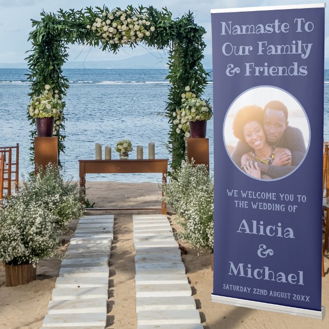 Couple Name And Photo Blue Wedding Welcome Retractable Banner (Beach Wedding Ceremony)