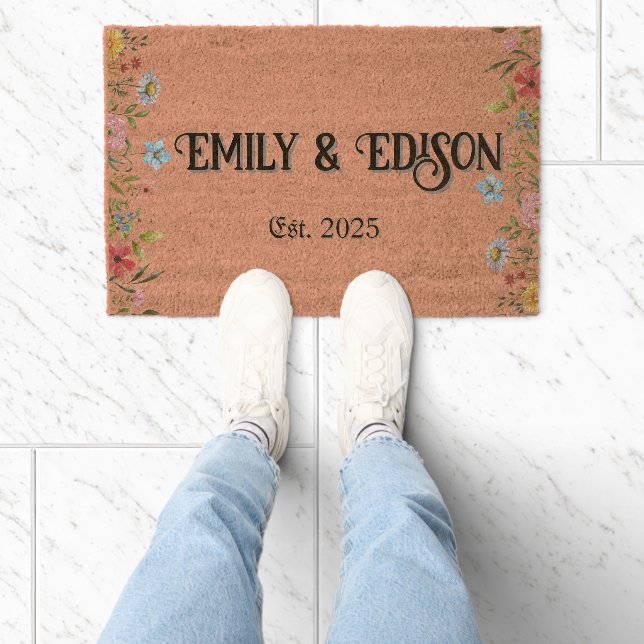 Couple Name and Year Floral Fiber Doormat (Insitu)