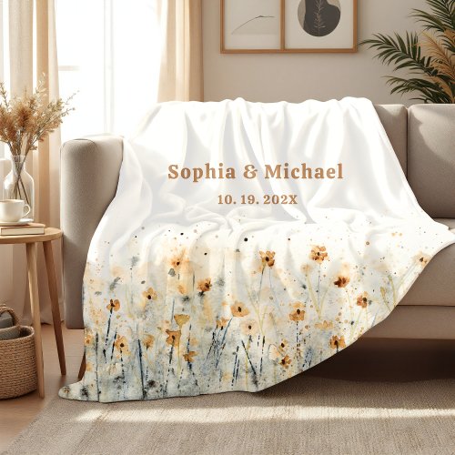 Couple Name Date Sherpa Blanket Floral Watercolor 