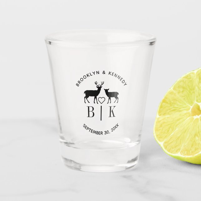 Couple Name Deer Monogram Rustic Country Wedding Shot Glass (Front)