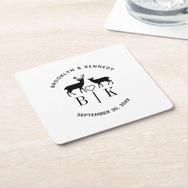 Couple Name Deer Monogram Rustic Country Wedding Square Paper Coaster (Angled)