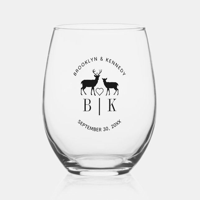 Couple Name Deer Monogram Rustic Country Wedding Stemless Wine Glass (Front)