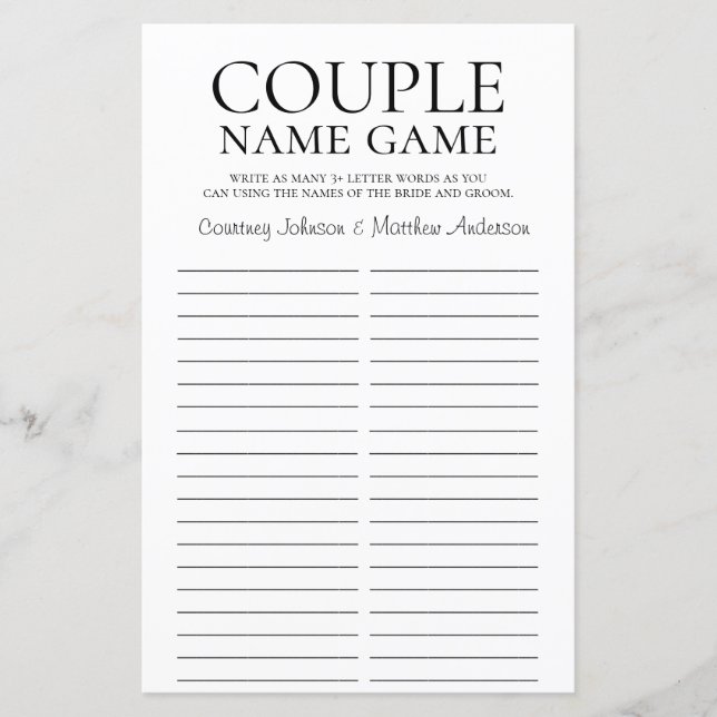 Couple Name Game Bridal Shower Game (Front)