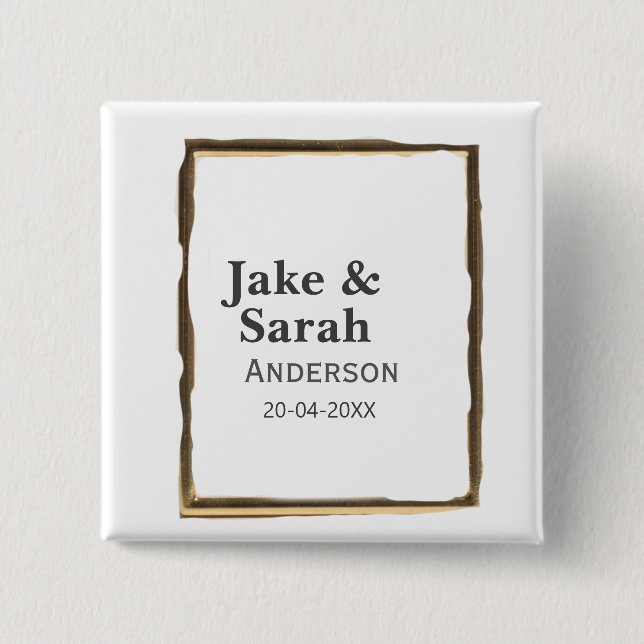 Couple name gray golden frame border wedding date  button (Front)
