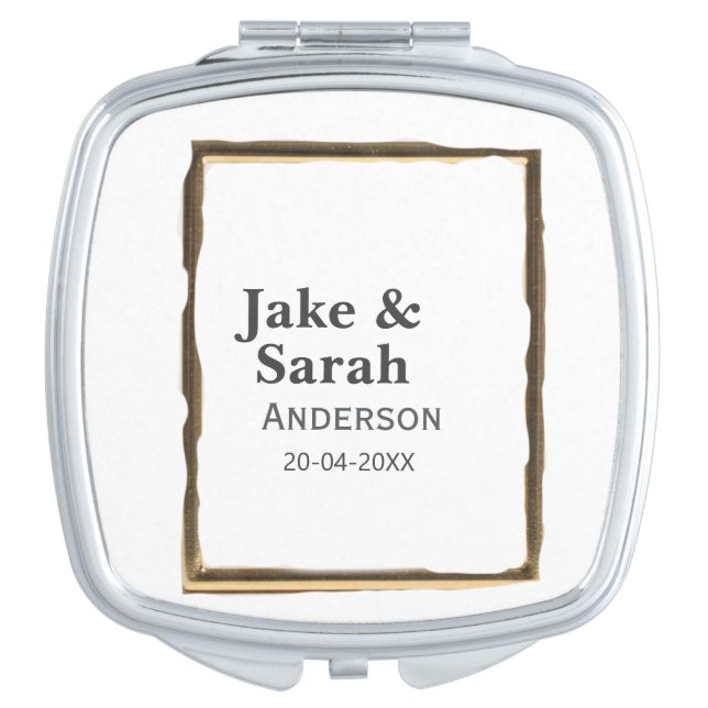 Couple name gray golden frame border wedding date  compact mirror (Front)