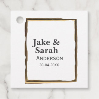 Couple name gray golden frame border wedding date favor tags