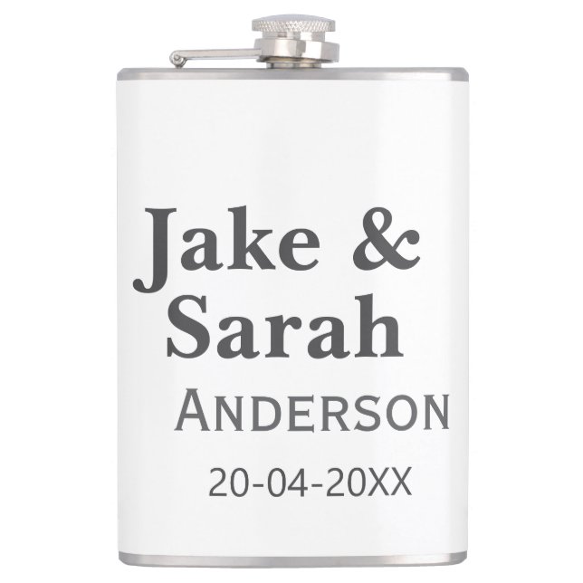 Couple name gray golden frame border wedding date  flask (Front)