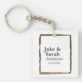Couple name gray golden frame border wedding date keychain