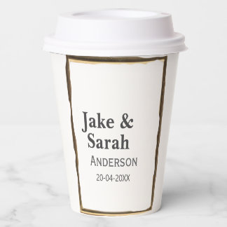 Couple name gray golden frame border wedding date paper cups