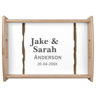 Couple name gray golden frame border wedding date serving tray