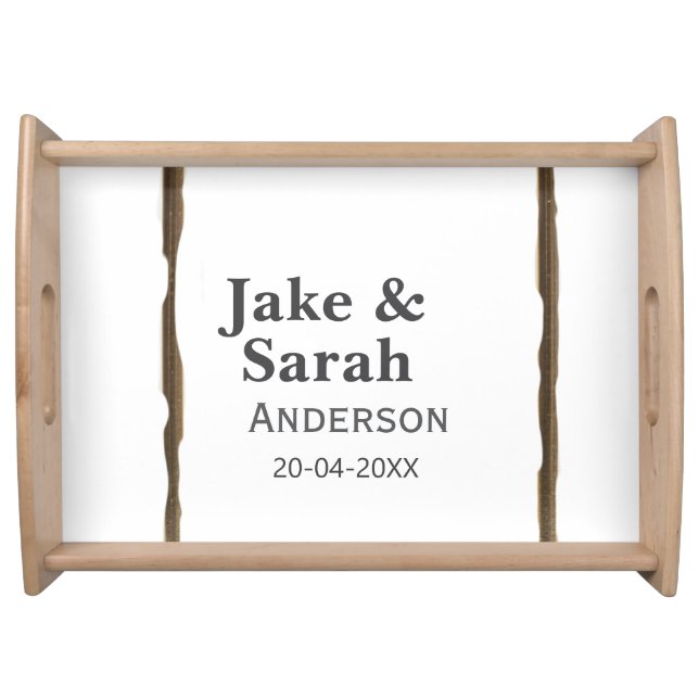 Couple name gray golden frame border wedding date  serving tray (Front)