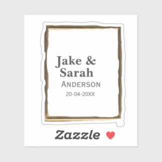 Couple name gray golden frame border wedding date sticker