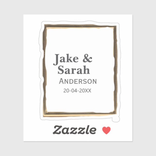 Couple name gray golden frame border wedding date  sticker (Sheet)
