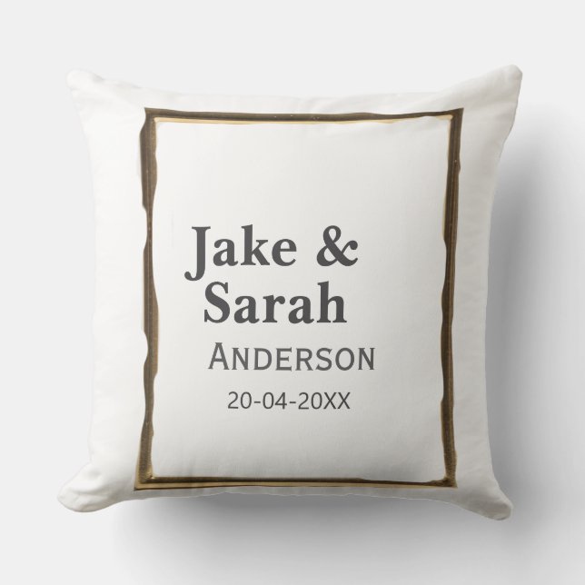 Couple name gray golden frame border wedding date  throw pillow (Front)
