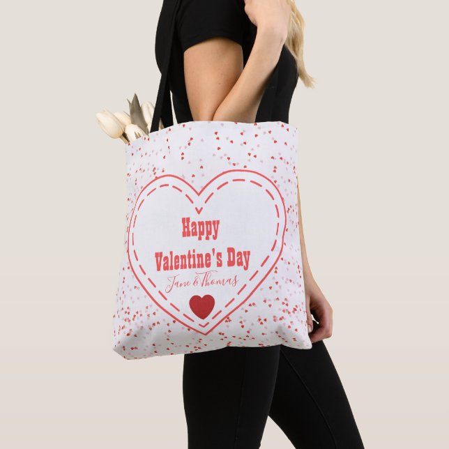 Couple Name Modern Red Heart Happy Valentines Day Tote Bag (Close Up)