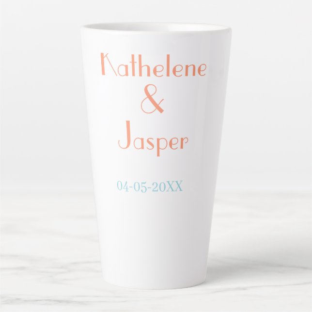 COUPLE NAME PEACH GREEN DATE WEDDING ROMANTIC ELEG LATTE MUG (Front)