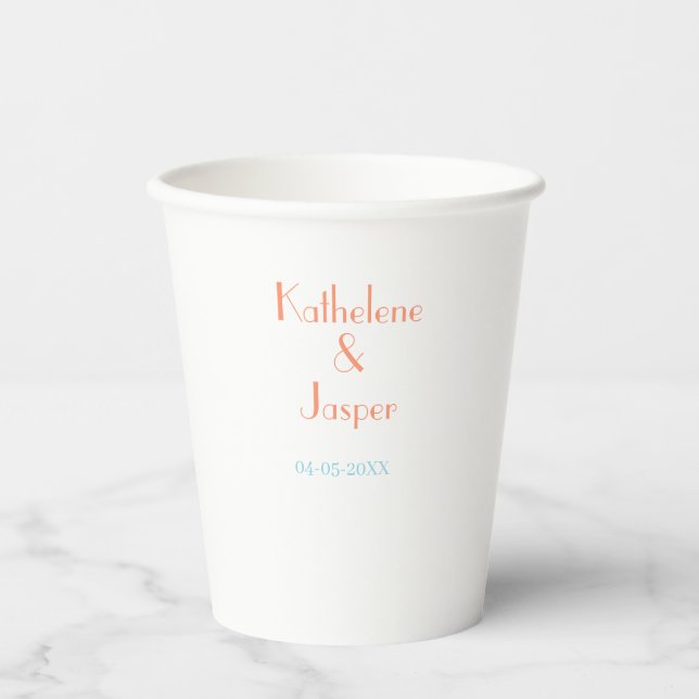 COUPLE NAME PEACH GREEN DATE WEDDING ROMANTIC ELEG PAPER CUPS (Front)