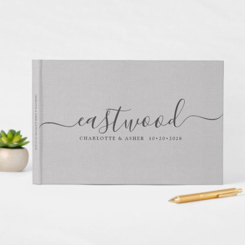 Couple Name Wedding Monogram Gray Faux Linen  Guest Book