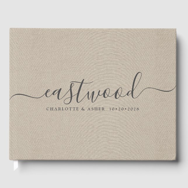 Couple Name Wedding Monogram Taupe Faux Linen  Guest Book (Front)