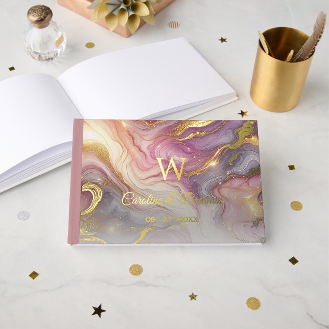 Couple Names Established Date Year Gold Foil Guest Book (Front Open)
