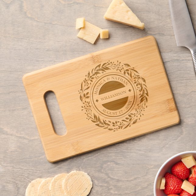 Couple Names Established Date Year Laurel Wreath Engraved Cutting Board (Cheese)