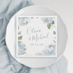 Couple names Romantic dusty blue floral wedding Na Napkins