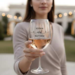 Couple Names Script Heart Modern Wedding Stemless Wine Glass
