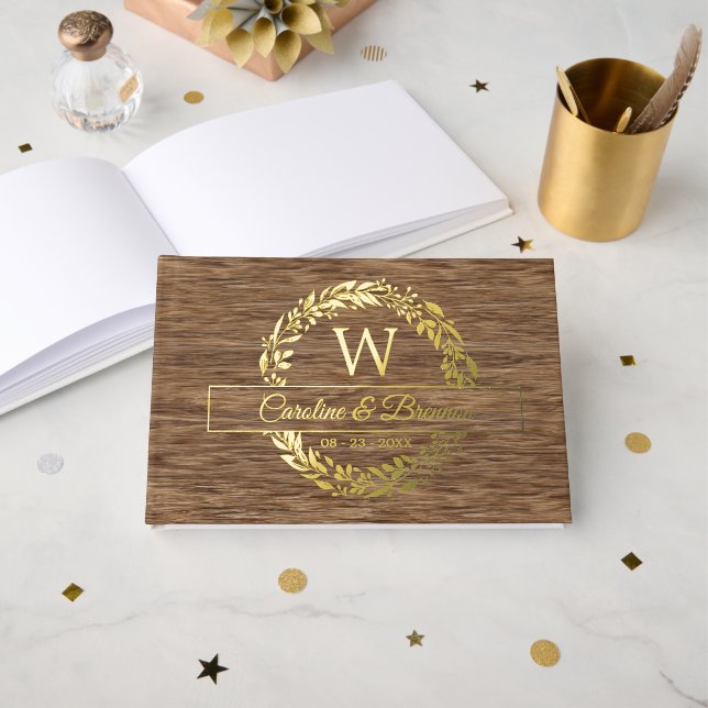 Couple Names Wedding Date Laurel Wreath Gold Foil Guest Book (Front Open)