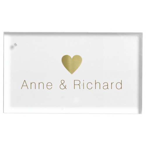 couple names with a faux gold heart wedding table card holder