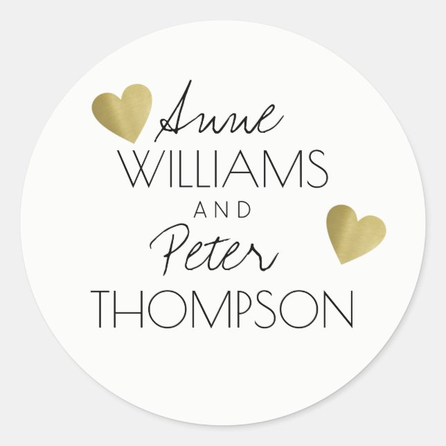 couple names with romantic love hearts, white  classic round sticker (Front)
