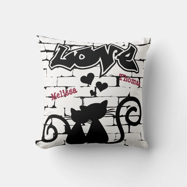 Couple of Kittens  in Love on Graffiti Wall Throw Pillow (Front)