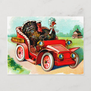 Couple of turkeys driving old timer car, vintage postcard