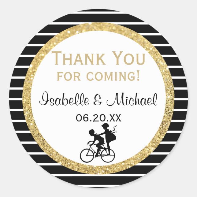 Couple on a Bicycle Gold Thank You Wedding Sticker (Front)