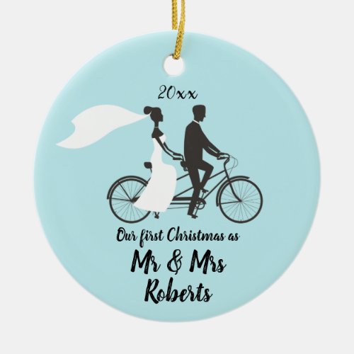 Couple On A Bike Personalized Newlyweds Christmas Ceramic Ornament