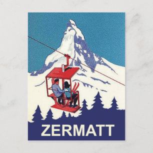 Couple on a ski lift in Zermatt, vintage travel Postcard