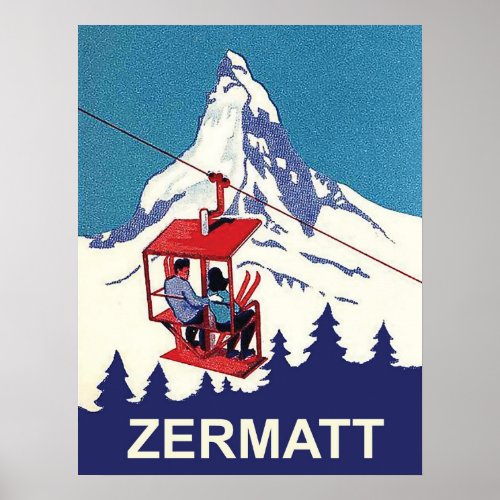 Couple on a ski lift in Zermatt vintage travel Poster