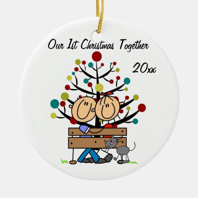 Couple on Bench, Cat Personalized Holiday Ornament (Front)