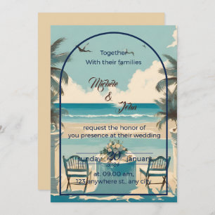 Couple on blue beach with seagulls invitation