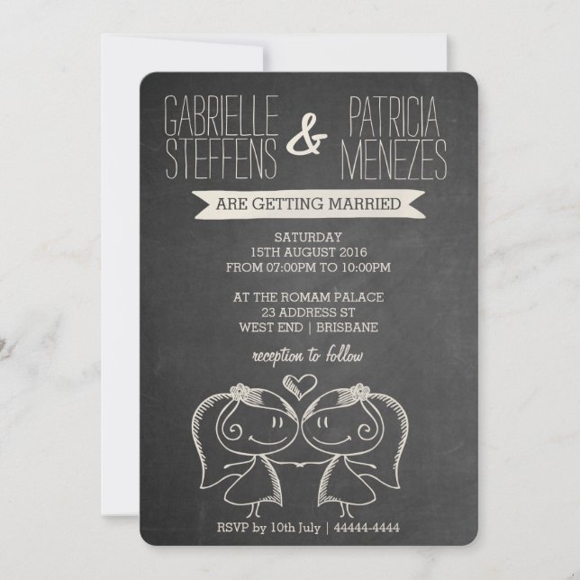 Couple on Chalkboard Lesbian Wedding Invitation (Front)