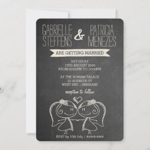 Couple on Chalkboard Lesbian Wedding Invitation