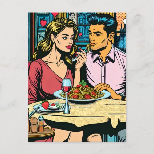 Couple on First Date  Spaghettis Dinner Postcard