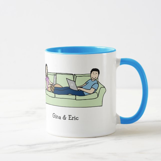 Couple on laptops - personalized cartoon mug (Right)